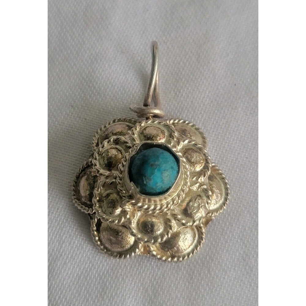 Sterling Silver Turquoise Pendant Handmade Rope Border Repousse Native American